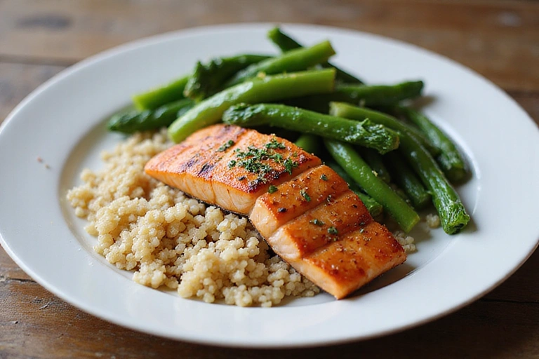 Plato saludable con salmón, quinoa y vegetales