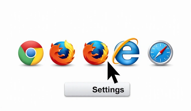 Iconos de diferentes navegadores web con una mano haciendo clic en un botón de configuración
