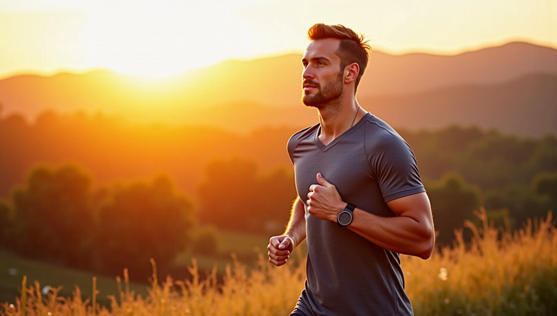 Hombre atlético corriendo al amanecer, simbolizando energía y vitalidad