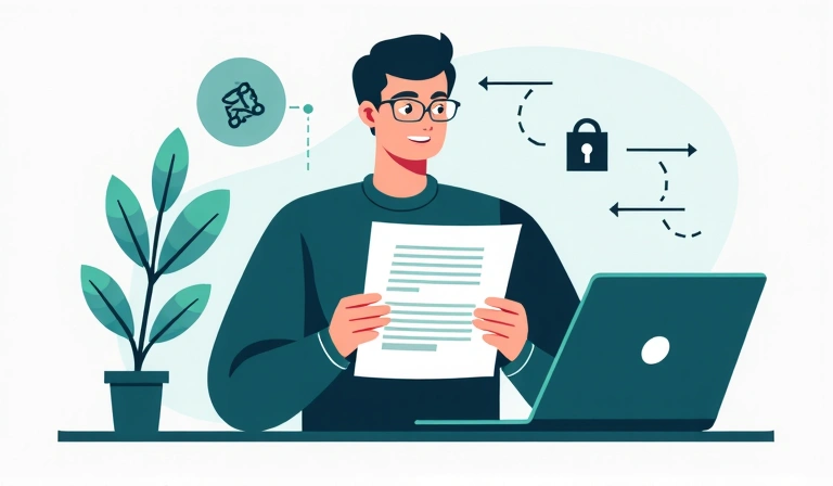 Ilustración de una persona leyendo un documento legal, simbolizando la transparencia y la privacidad en el manejo de datos.