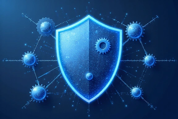 Ilustración de protección de datos con un escudo y engranajes