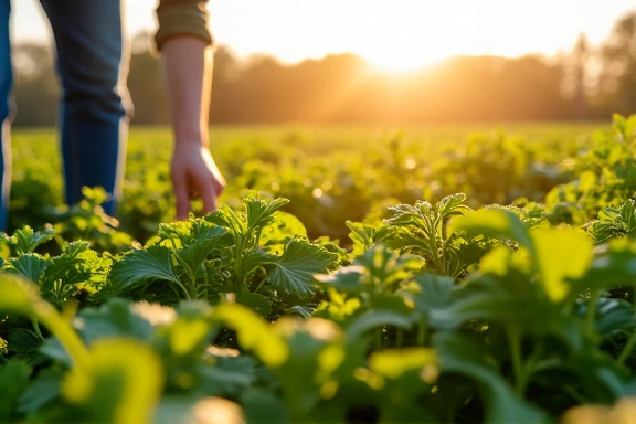 Campo de hierbas orgánicas bajo el sol, con un agricultor inspeccionando las plantas.