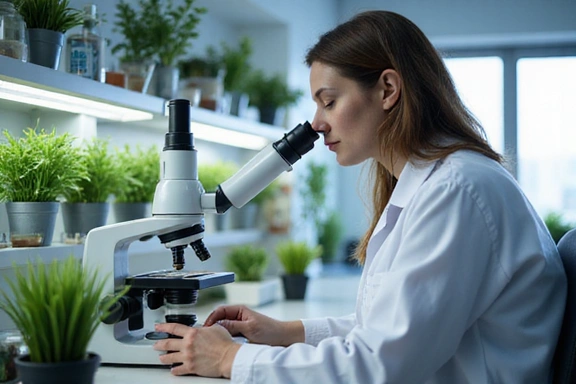 Científico en un laboratorio examinando muestras de plantas en un microscopio.
