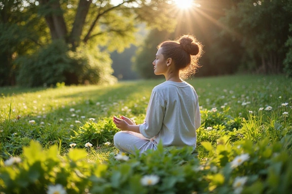Mujer meditando en un jardín exuberante, simbolizando paz y bienestar.