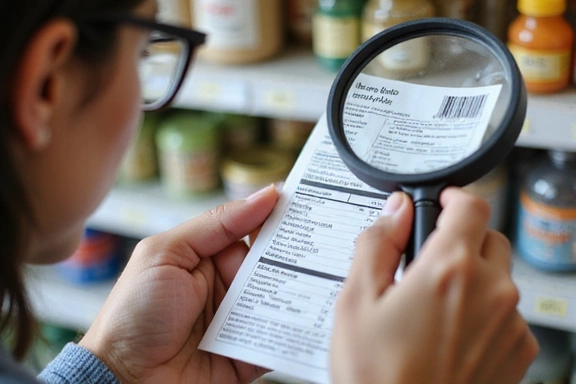 Persona leyendo una etiqueta de producto con lupa, enfatizando la transparencia.