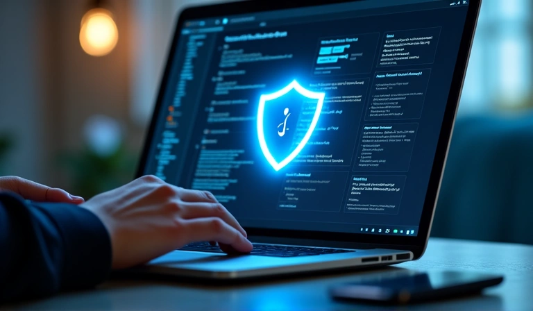 Persona usando una computadora de forma segura, con un escudo de seguridad digital.